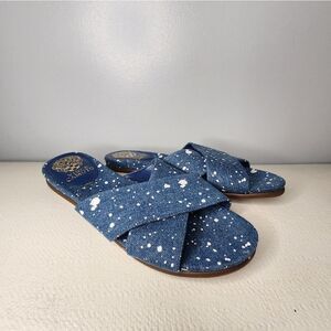 Vince Camuto Esulla Cross Band Slides Splatter Denim Blue NWT Size 7.5 White